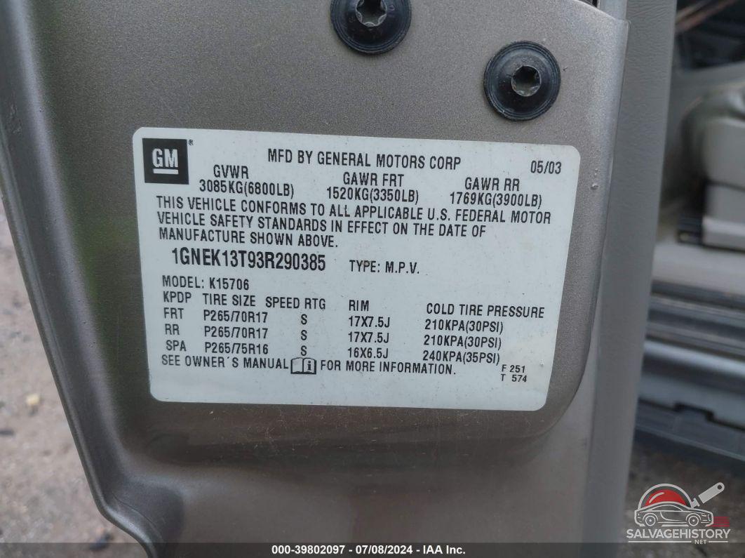 1GNEK13T93R290385 2003 CHEVROLET TAHOE photo no. 9