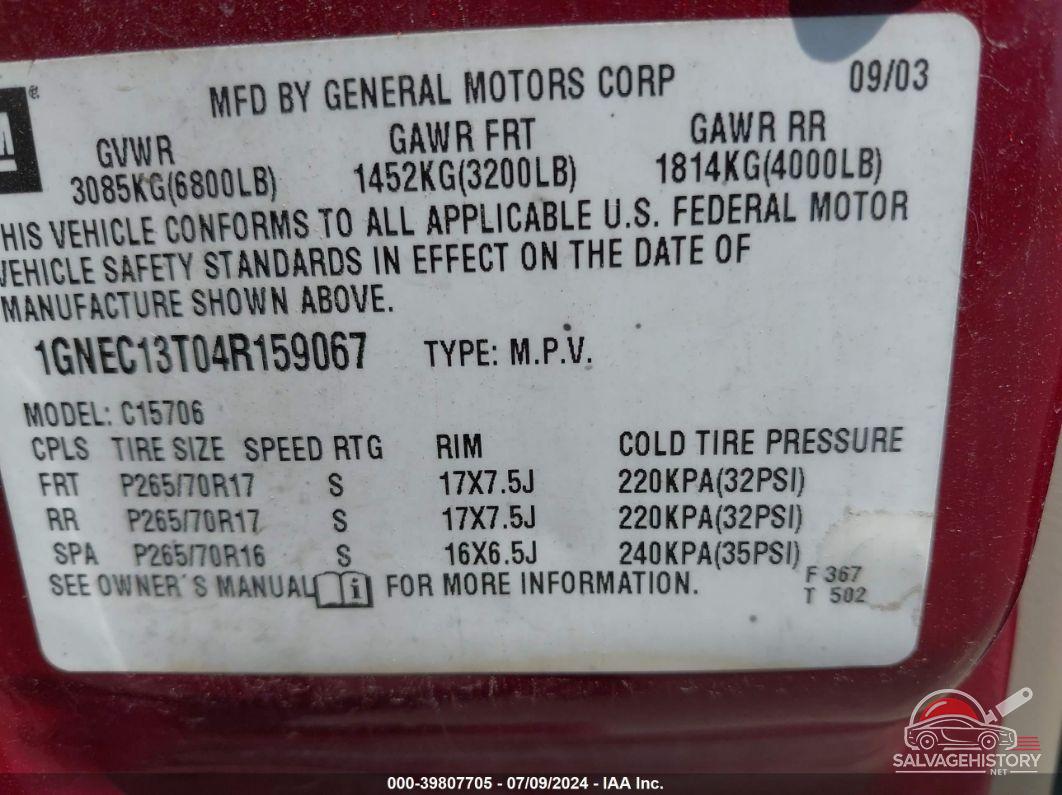 1GNEC13T04R159067 2004 CHEVROLET TAHOE photo no. 9