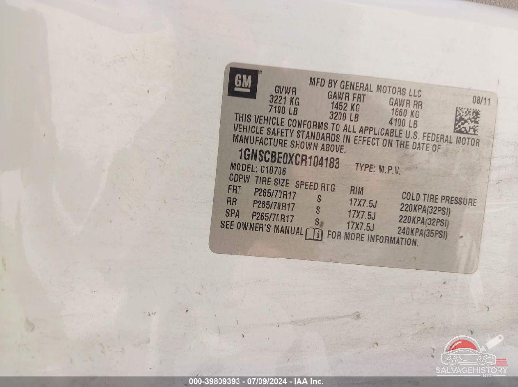 1GNSCBE0XCR104183 2012 CHEVROLET TAHOE photo no. 9