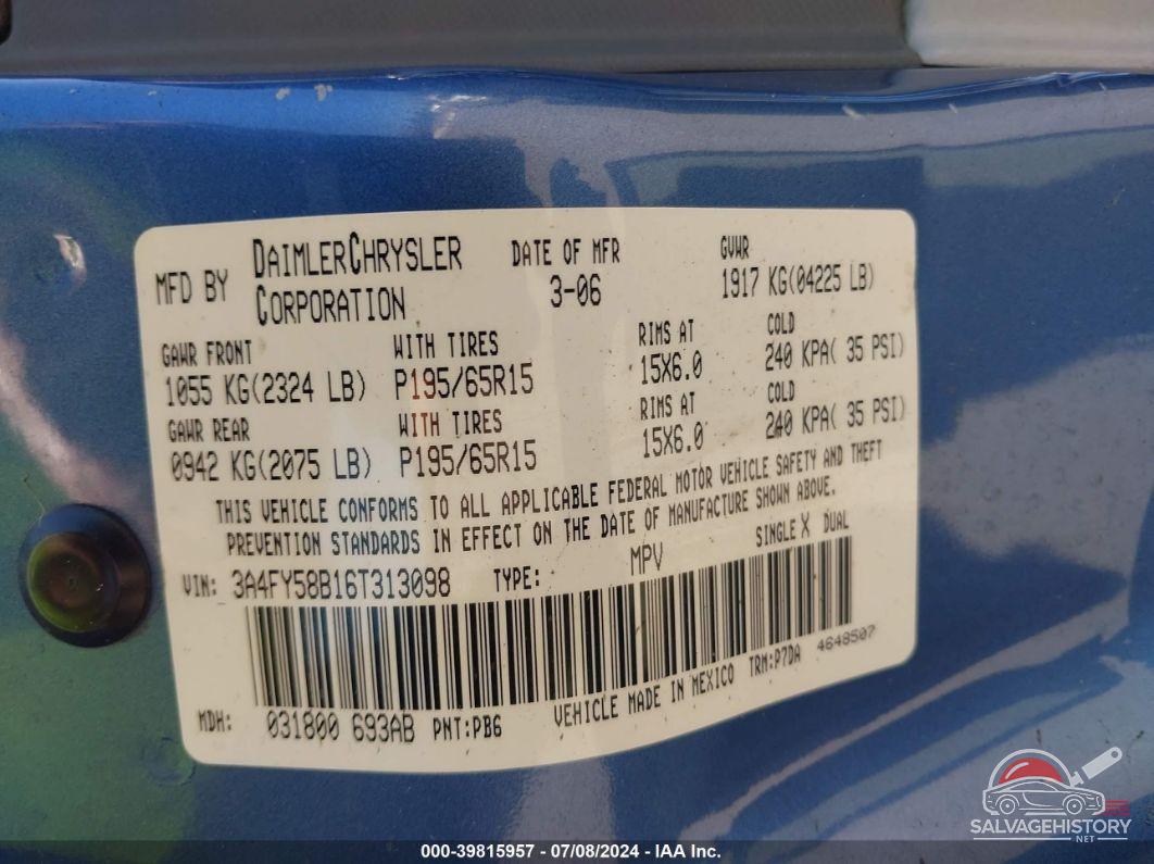 3A4FY58B16T313098 2006 CHRYSLER PT CRUISER photo no. 9