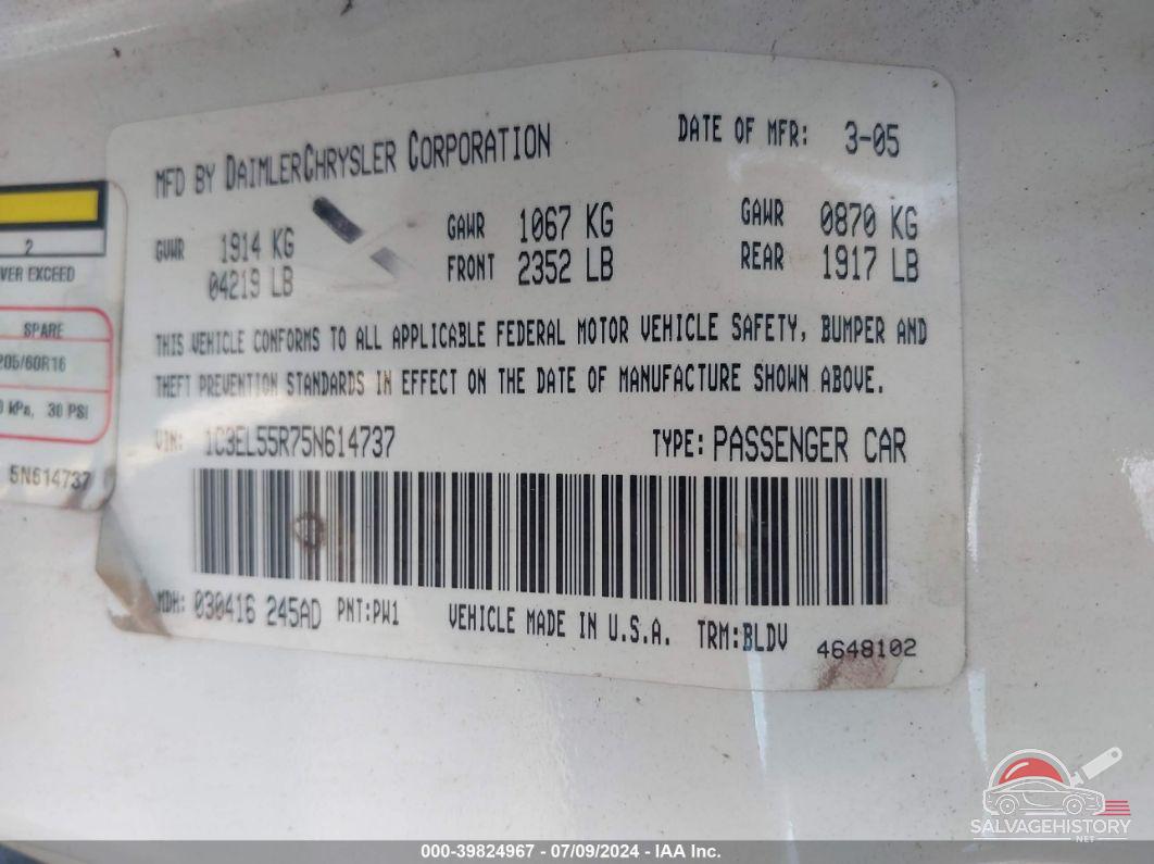 1C3EL55R75N614737 2005 CHRYSLER SEBRING photo no. 9