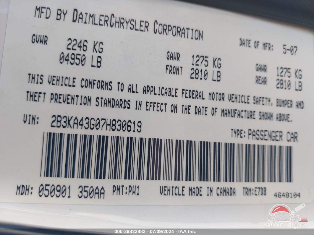 2B3KA43G07H830619 2007 DODGE CHARGER photo no. 9