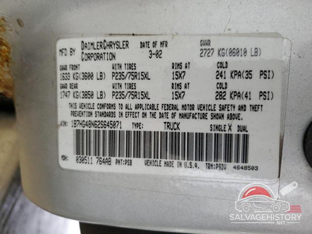 1B7HG48N62S645071 2002 DODGE DAKOTA photo no. 12