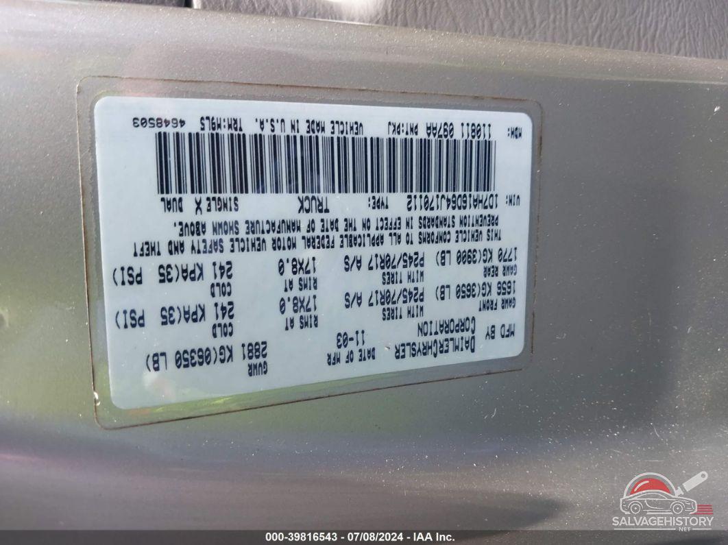 1D7HA16D64J170112 2004 DODGE RAM 1500 photo no. 9