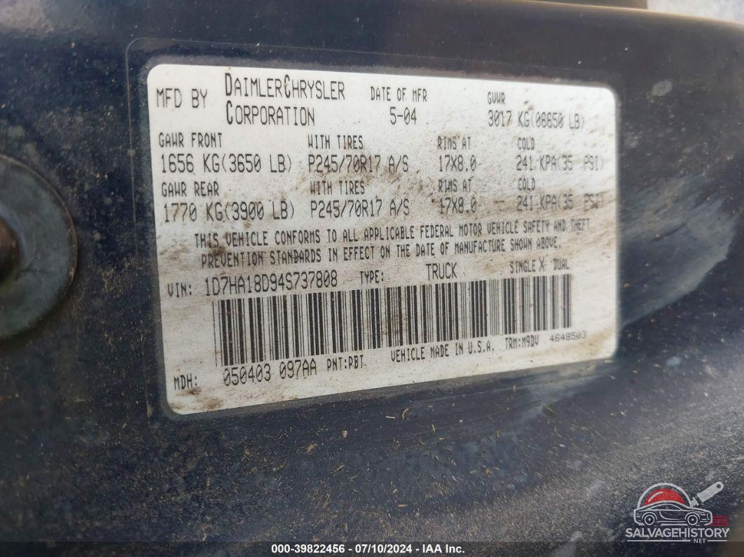 1D7HA18D94S737808 2004 DODGE RAM 1500 photo no. 9