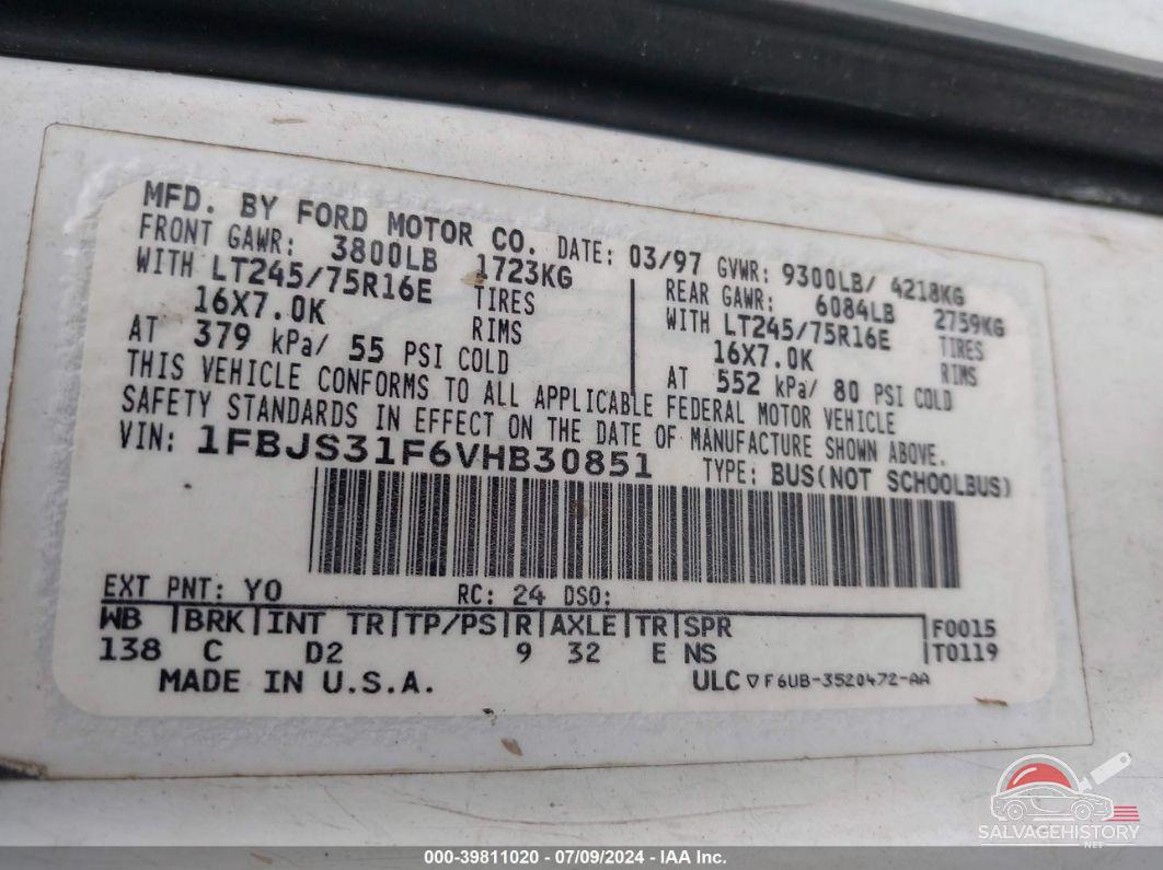 1FBJS31F6VHB30851 1997 FORD CLUB WAGON photo no. 9
