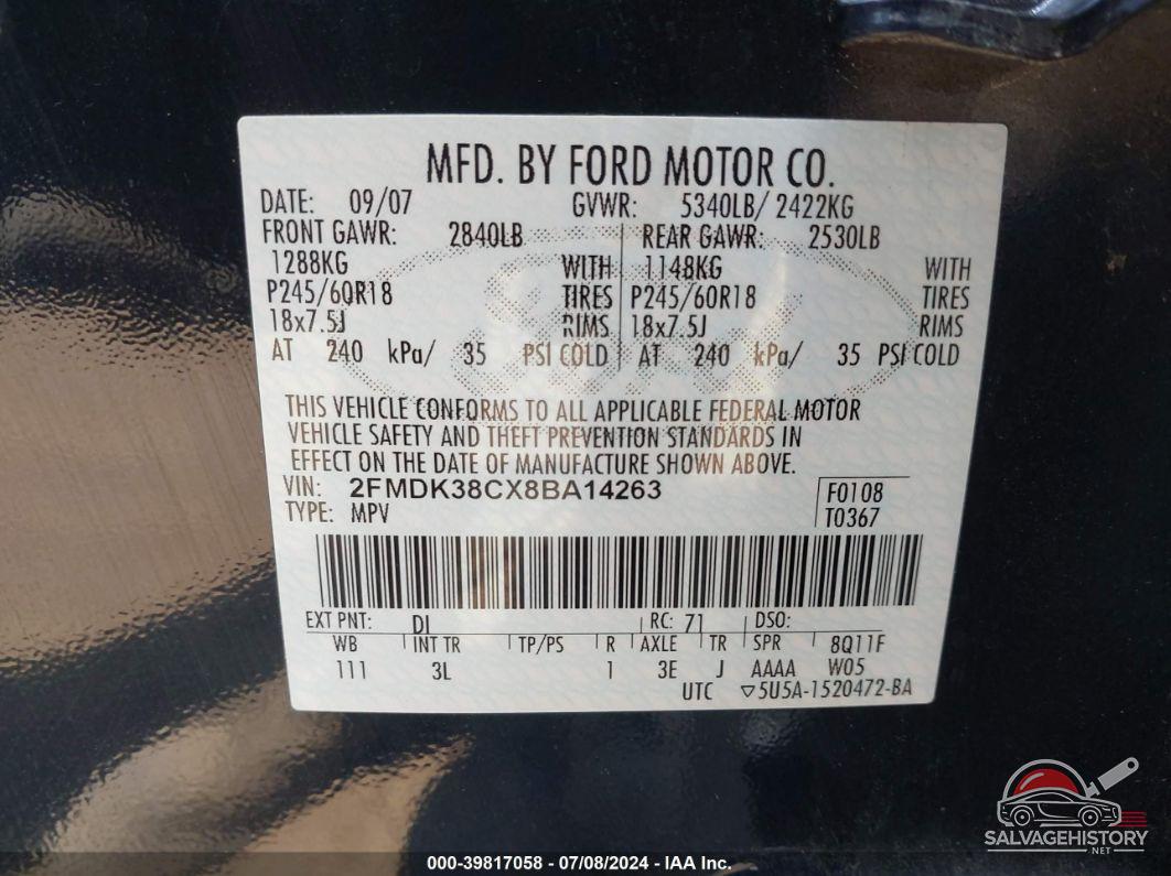 2FMDK38CX8BA14263 2008 FORD EDGE photo no. 9
