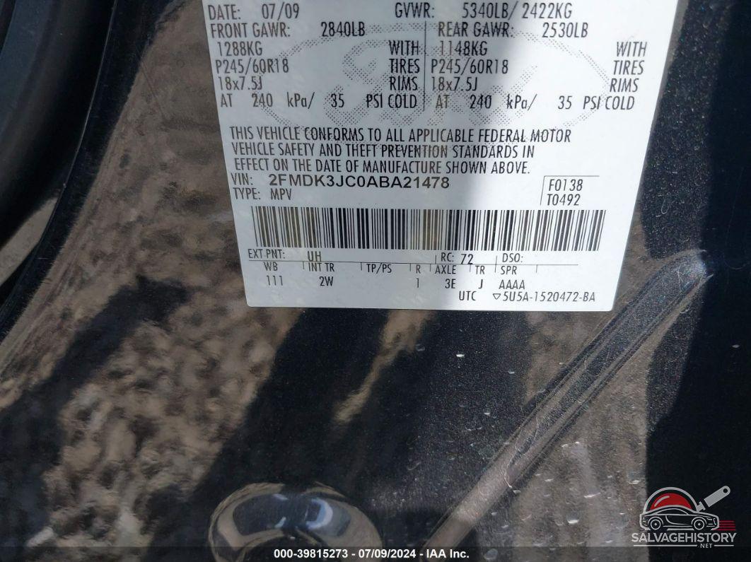 2FMDK3JC0ABA21478 2010 FORD EDGE photo no. 9