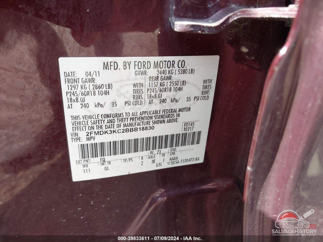 2FMDK3KC2BBB18830 2011 FORD EDGE photo no. 9