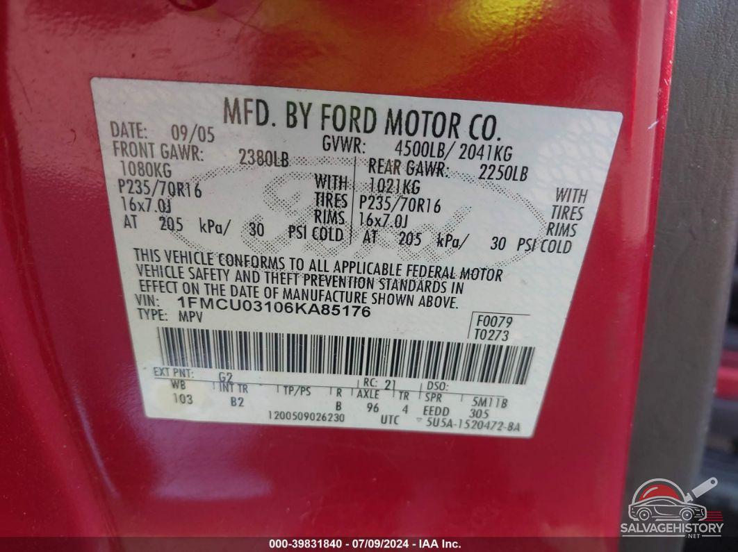 1FMCU03106KA85176 2006 FORD ESCAPE photo no. 9