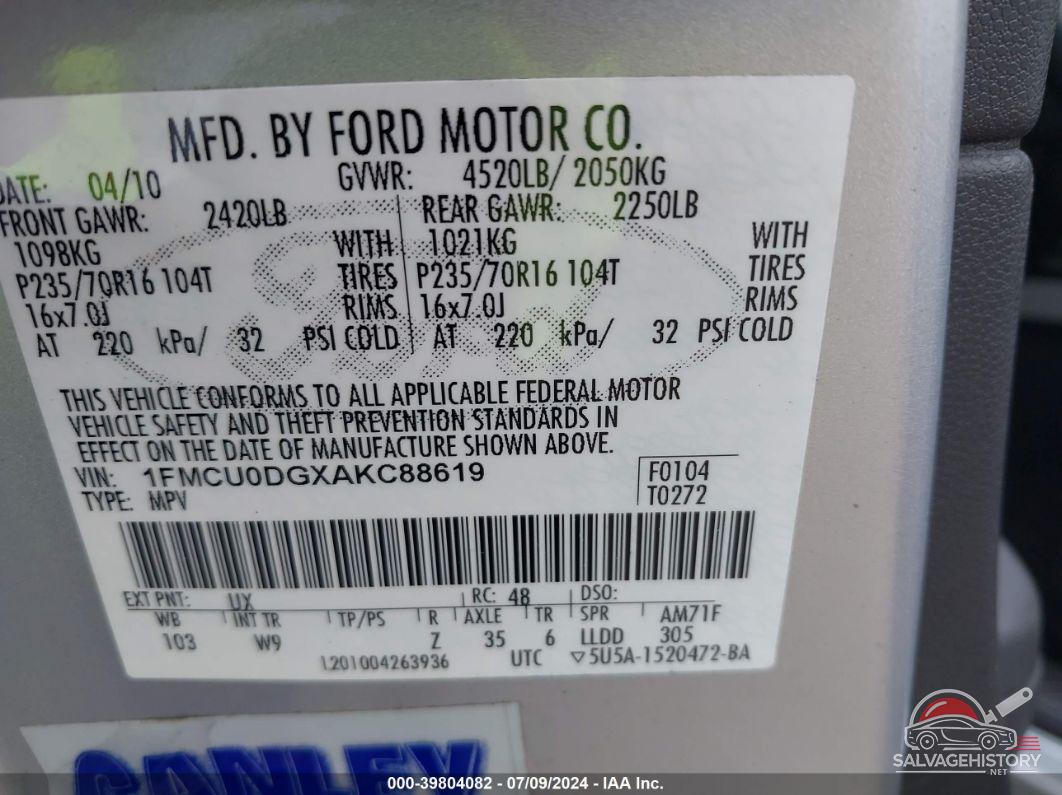 1FMCU0DGXAKC88619 2010 FORD ESCAPE photo no. 9