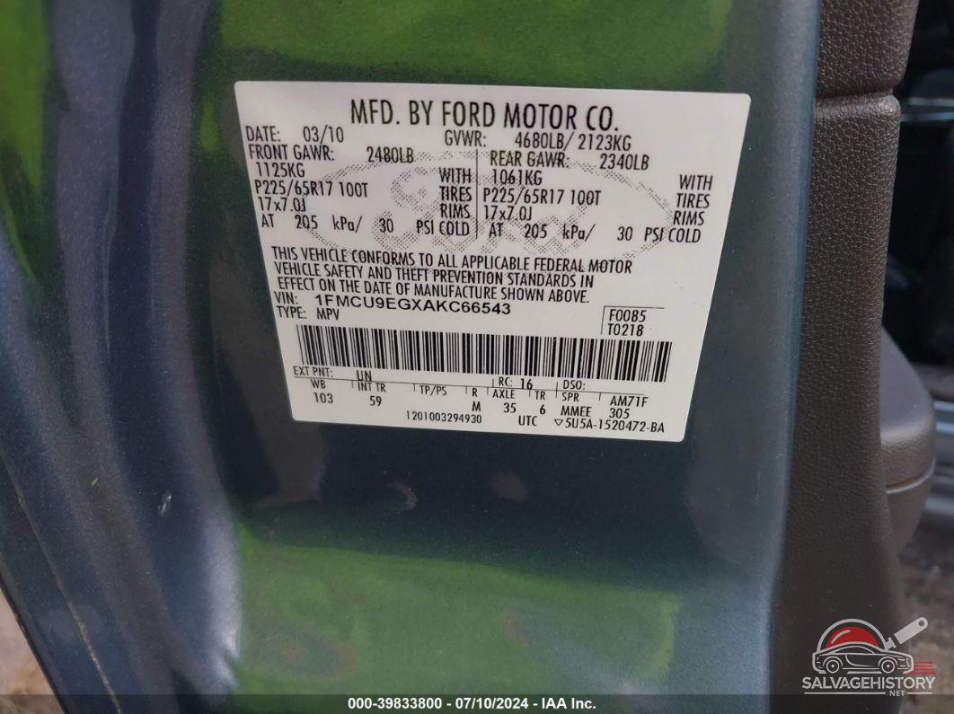 1FMCU9EGXAKC66543 2010 FORD ESCAPE photo no. 9