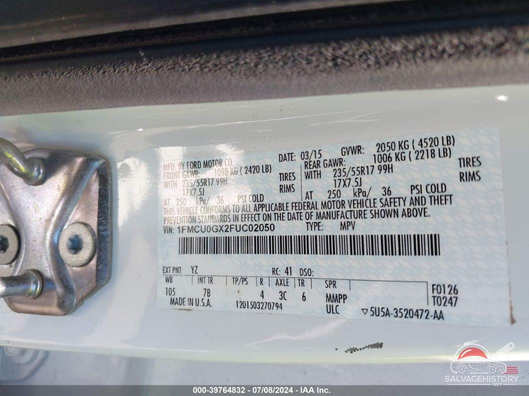 1FMCU0GX2FUC02050 2015 FORD ESCAPE photo no. 9