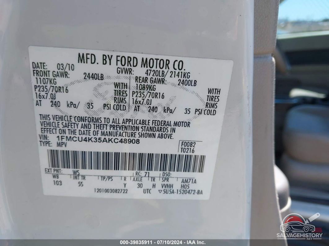 1FMCU4K35AKC48908 2010 FORD ESCAPE HYBRID photo no. 9