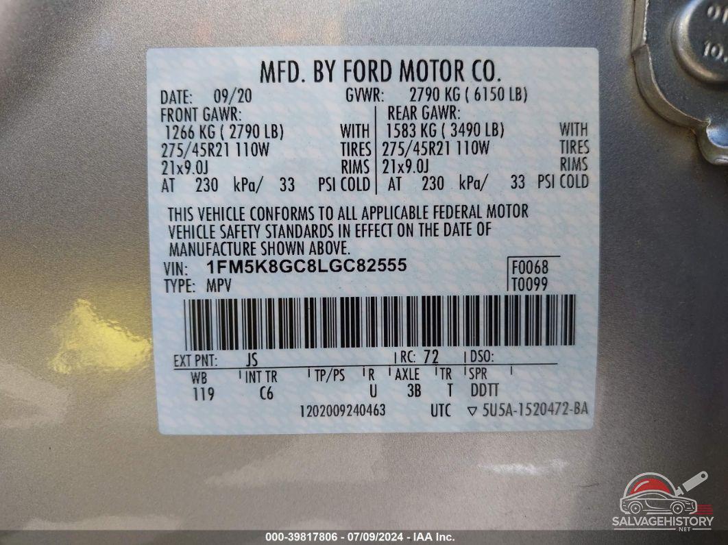 1FM5K8GC8LGC82555 2020 FORD EXPLORER photo no. 9