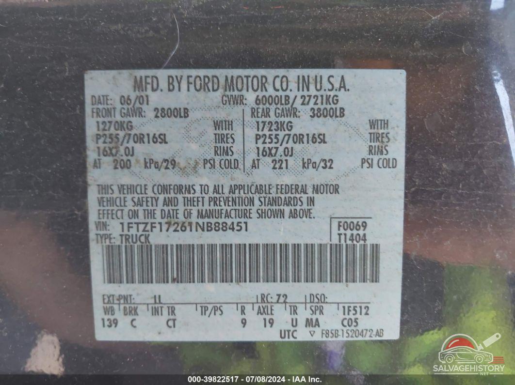 1FTZF17261NB88451 2001 FORD F-150 photo no. 9