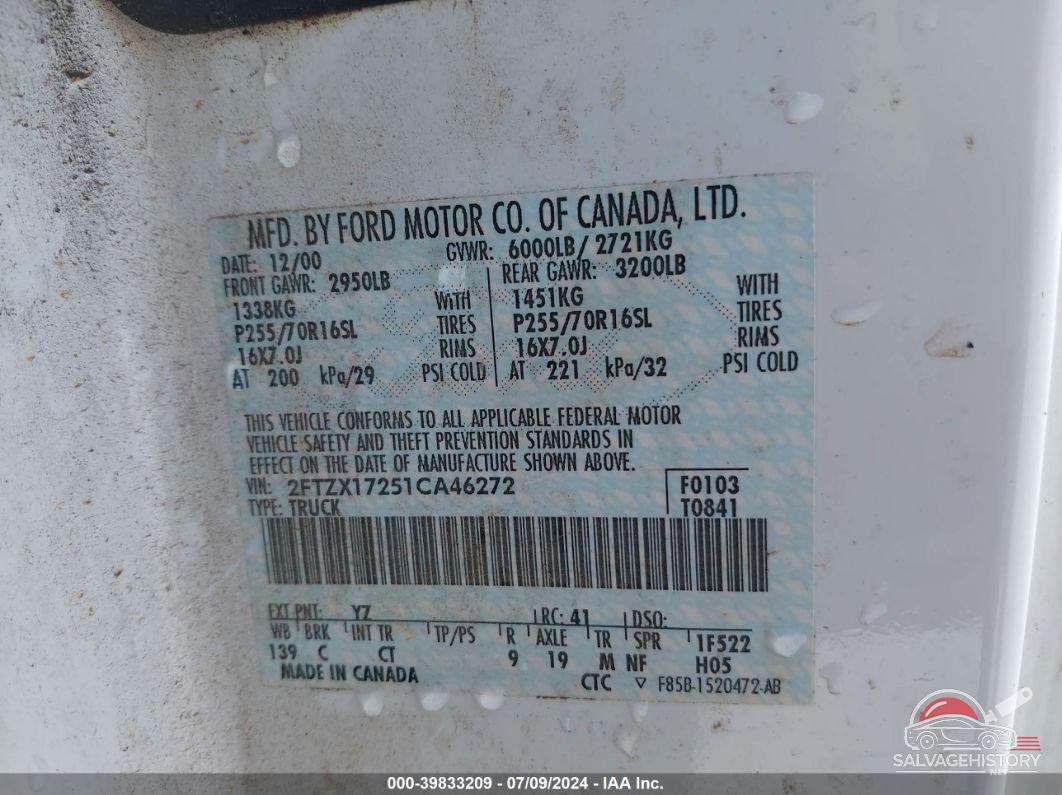 2FTZX17251CA46272 2001 FORD F-150 photo no. 9