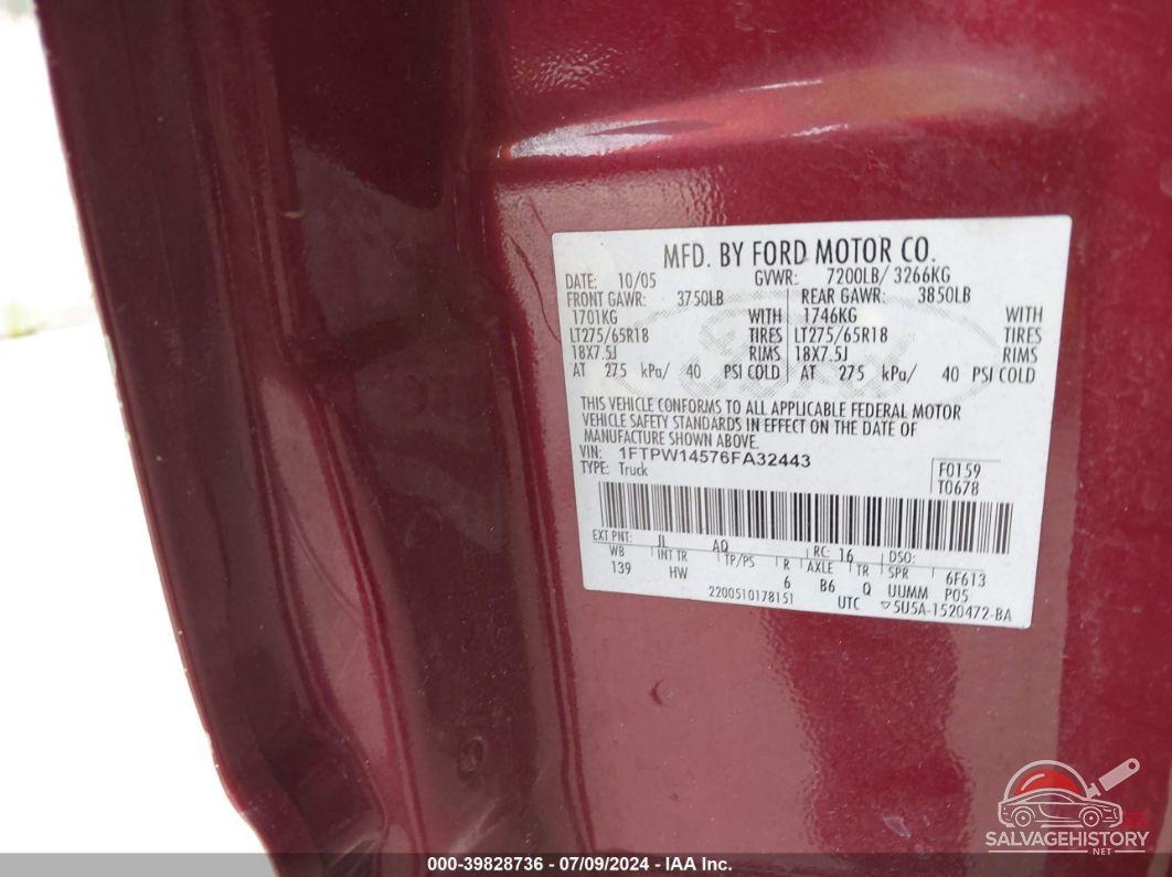 1FTPW14576FA32443 2006 FORD F-150 photo no. 9