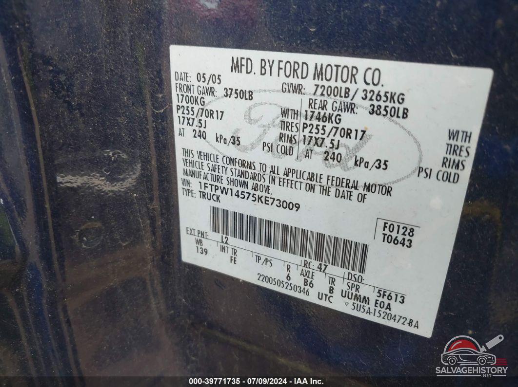 1FTPW14575KE73009 2005 FORD F150 photo no. 9