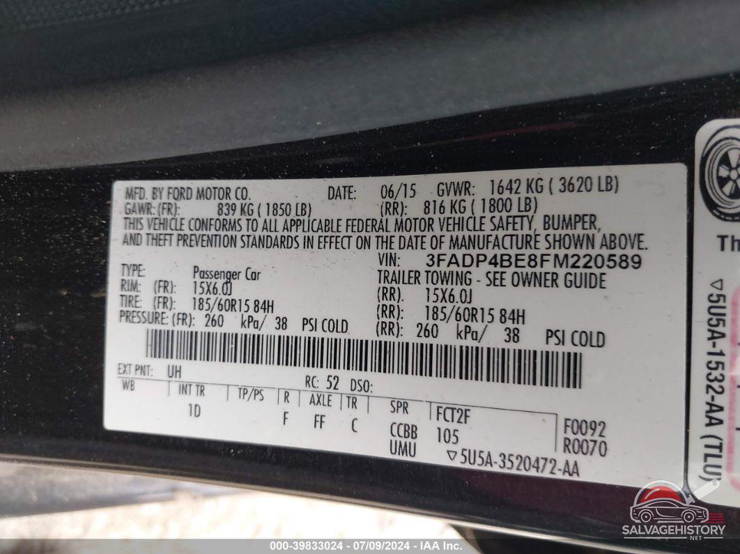 3FADP4BE8FM220589 2015 FORD FIESTA photo no. 9