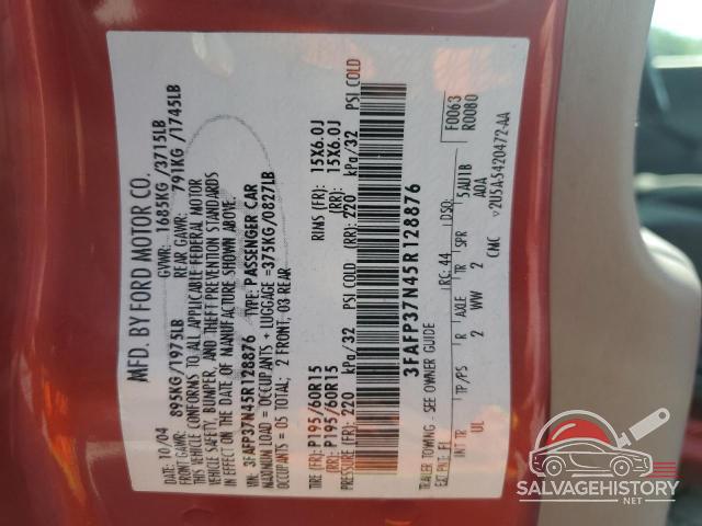 3FAFP37N45R128876 2005 FORD FOCUS photo no. 12
