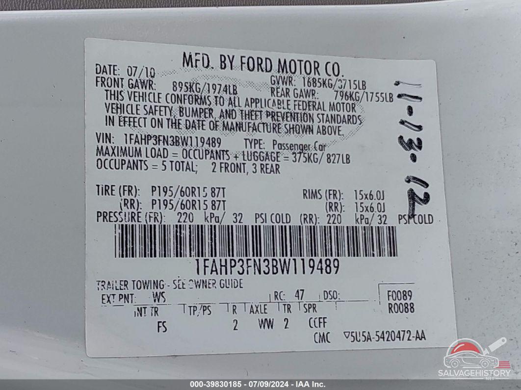 1FAHP3FN3BW119489 2011 FORD FOCUS photo no. 9