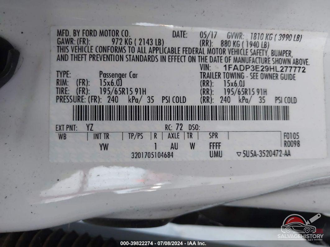1FADP3E29HL277772 2017 FORD FOCUS photo no. 9