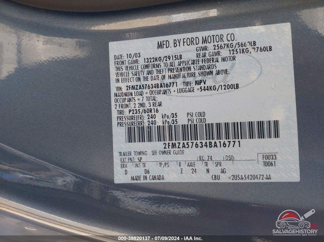2FMZA57634BA16771 2004 FORD FREESTAR photo no. 9