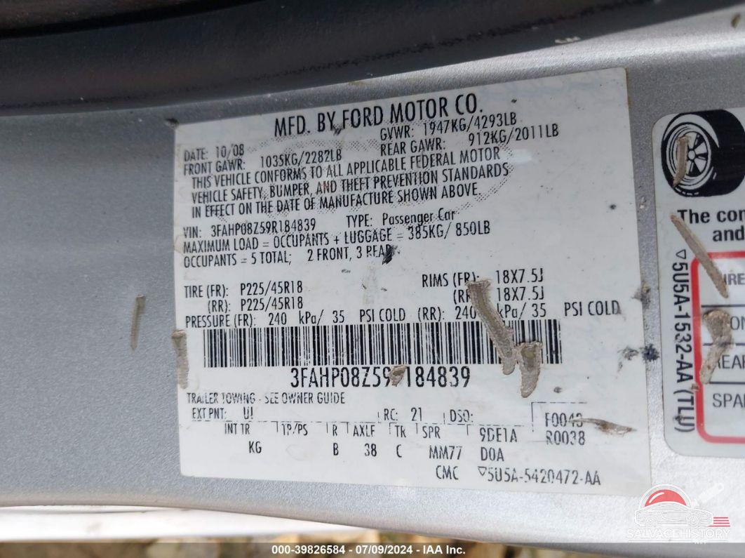 3FAHP08Z59R184839 2009 FORD FUSION photo no. 9