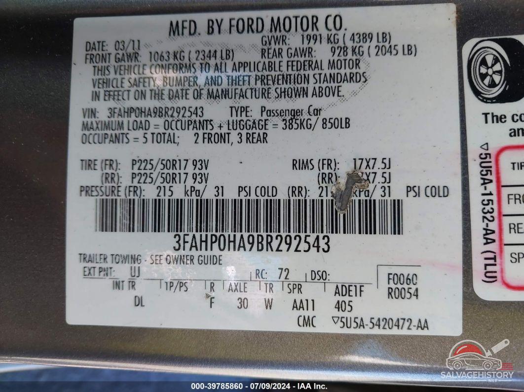 3FAHP0HA9BR292543 2011 FORD FUSION photo no. 9