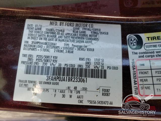 3FAHP0JA1BR233061 2011 FORD FUSION photo no. 13
