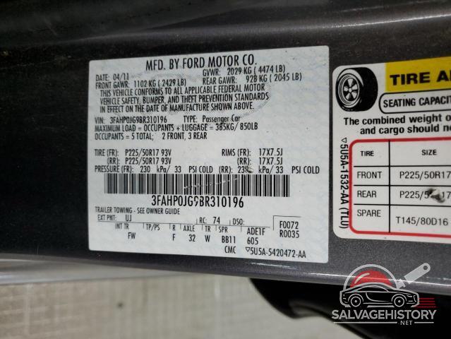 3FAHP0JG9BR310196 2011 FORD FUSION photo no. 12
