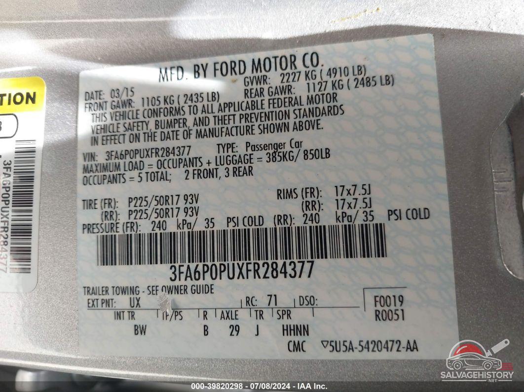 3FA6P0PUXFR284377 2015 FORD FUSION ENERGI photo no. 9