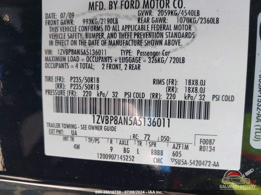 1ZVBP8AN5A5136011 2010 FORD MUSTANG photo no. 9