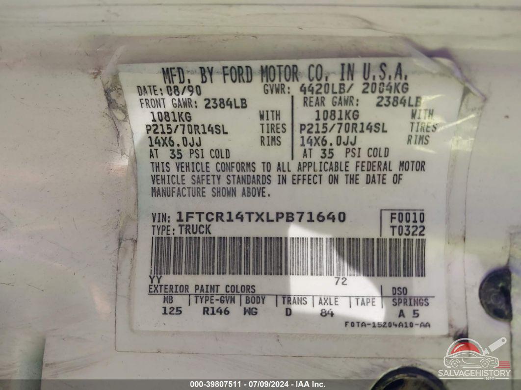 1FTCR14TXLPB71640 1990 FORD RANGER photo no. 9