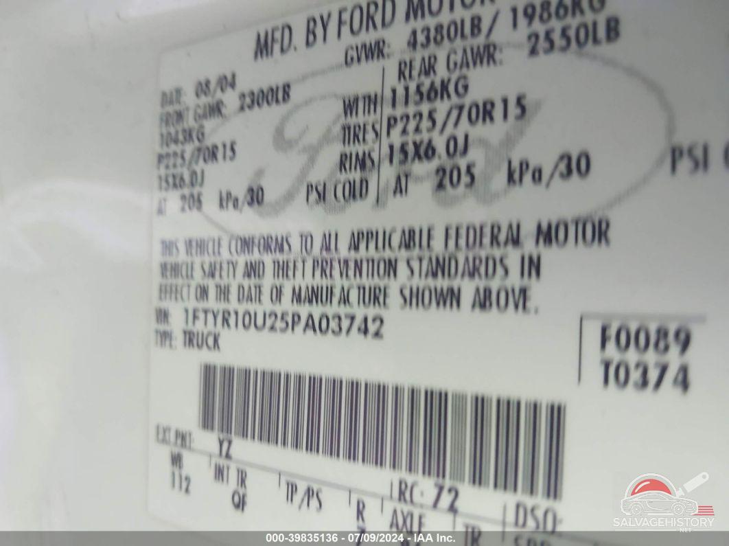 1FTYR10U25PA03742 2005 FORD RANGER photo no. 9