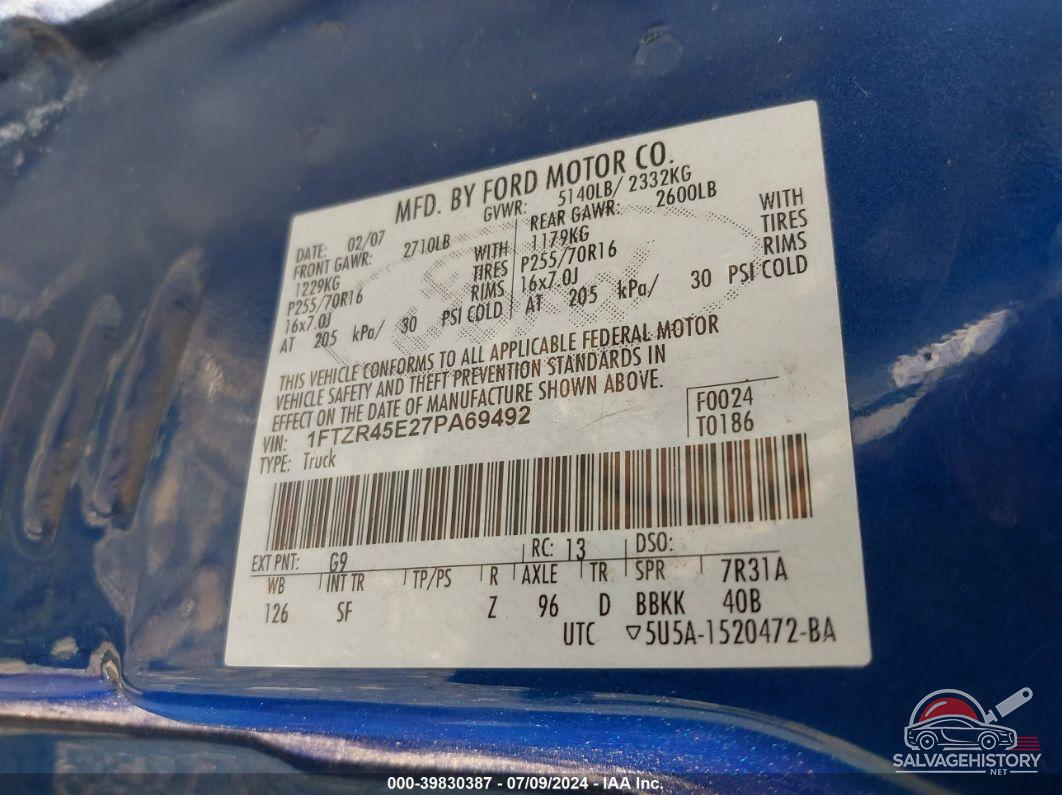 1FTZR45E27PA69492 2007 FORD RANGER photo no. 9