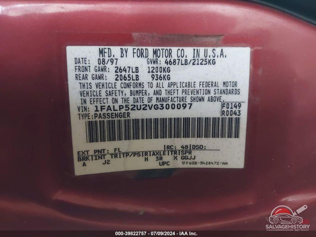 1FALP52U2VG300097 1997 FORD TAURUS photo no. 9