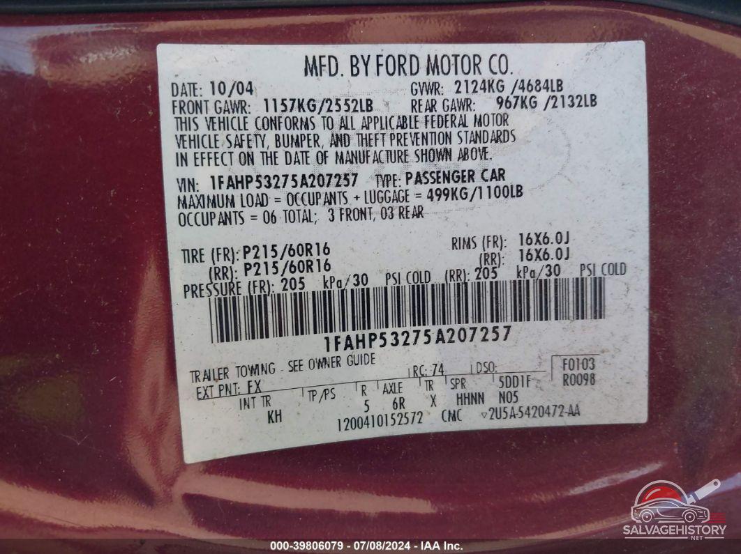 1FAHP53275A207257 2005 FORD TAURUS photo no. 9