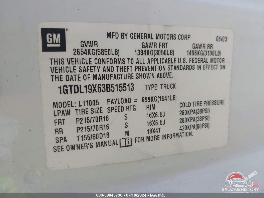1GTDL19X63B515513 2003 GMC SAFARI photo no. 9