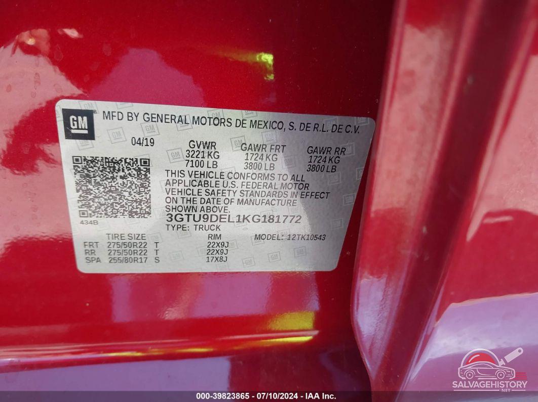 3GTU9DEL1KG181772 2019 GMC SIERRA 1500 photo no. 9