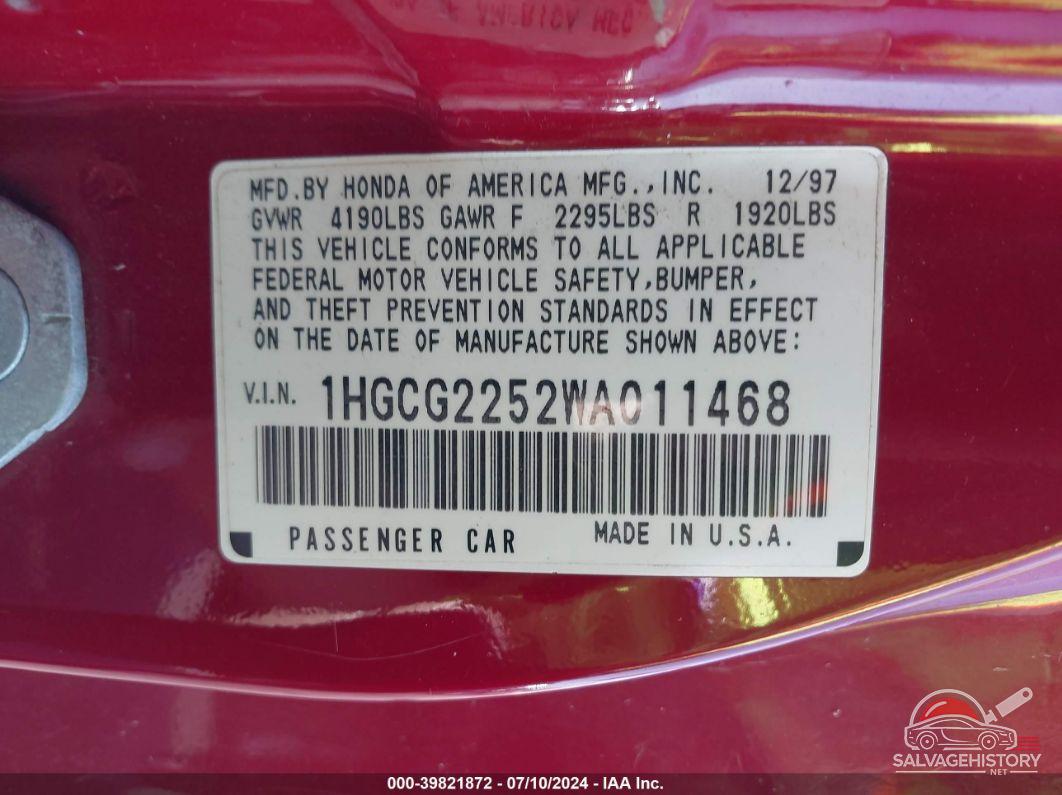 1HGCG2252WA011468 1998 HONDA ACCORD photo no. 9