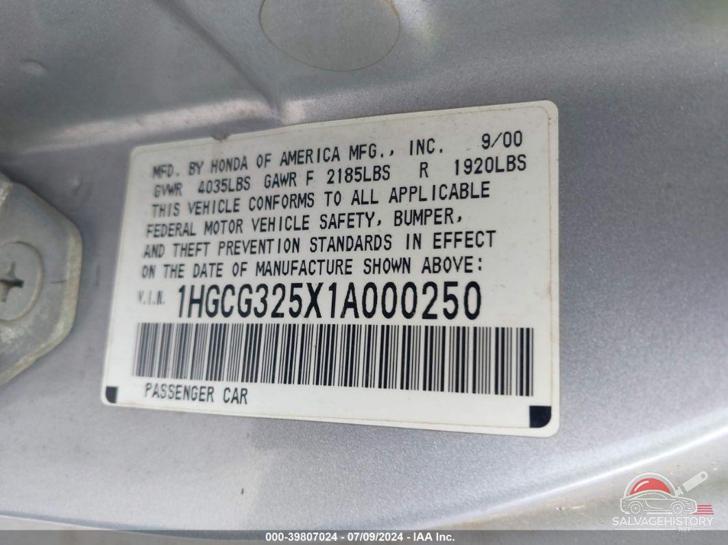 1HGCG325X1A000250 2001 HONDA ACCORD photo no. 9