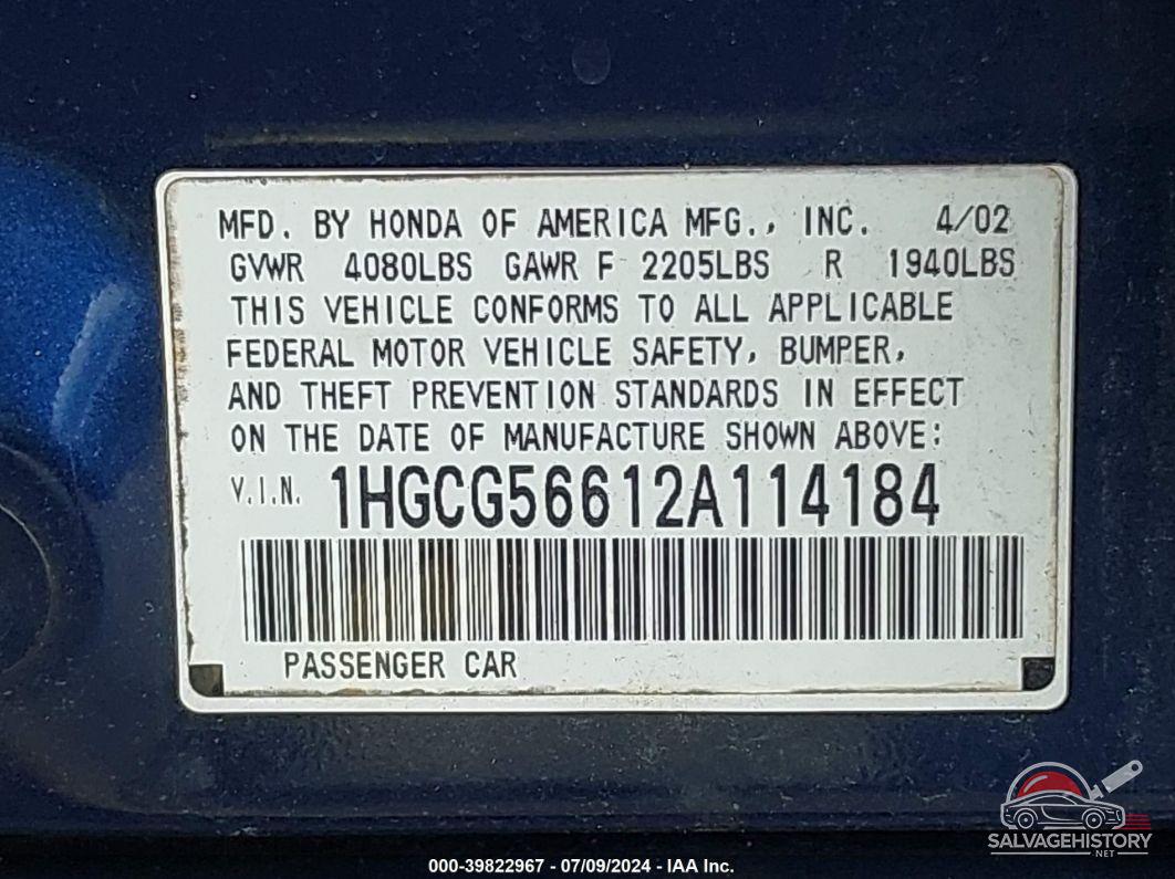 1HGCG56612A114184 2002 HONDA ACCORD photo no. 9