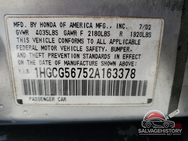 1HGCG56752A163378 2002 HONDA ACCORD photo no. 12