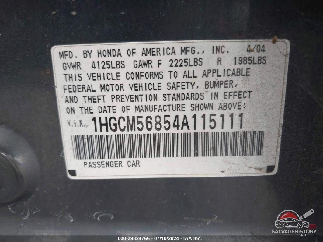 1HGCM56854A115111 2004 HONDA ACCORD photo no. 9