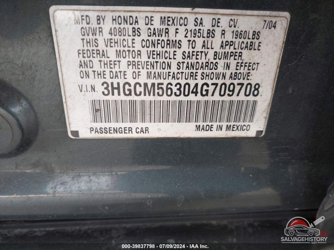 3HGCM56304G709708 2004 HONDA ACCORD photo no. 9