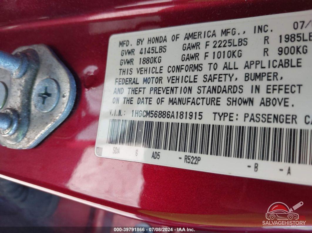 1HGCM56886A181915 2006 HONDA ACCORD photo no. 9