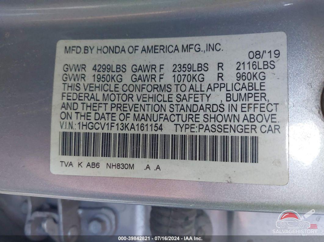 1HGCV1F13KA161154 2019 HONDA ACCORD photo no. 9