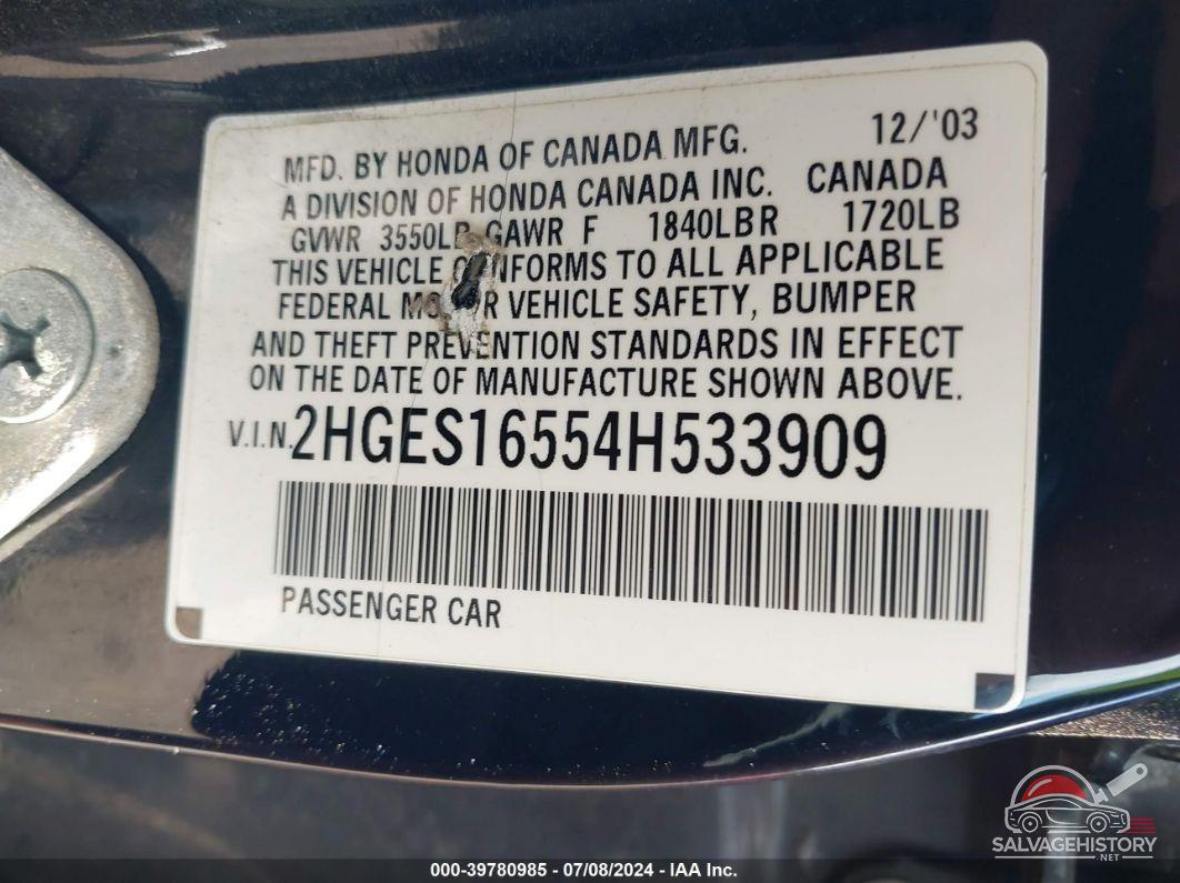 2HGES16554H533909 2004 HONDA CIVIC photo no. 9